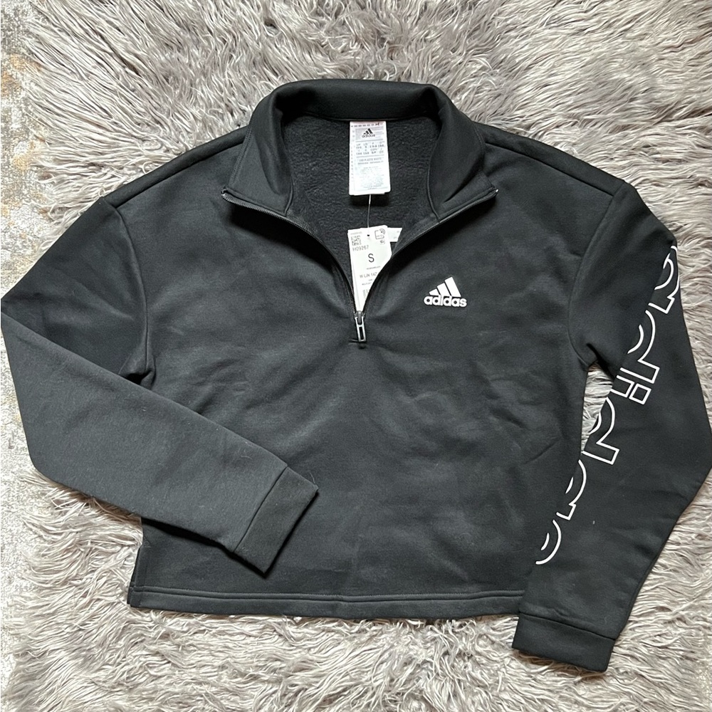 NEW Adidas Women's Cropped Fleece 1/4 Zip Black Pullover Sweatshirt SMALL